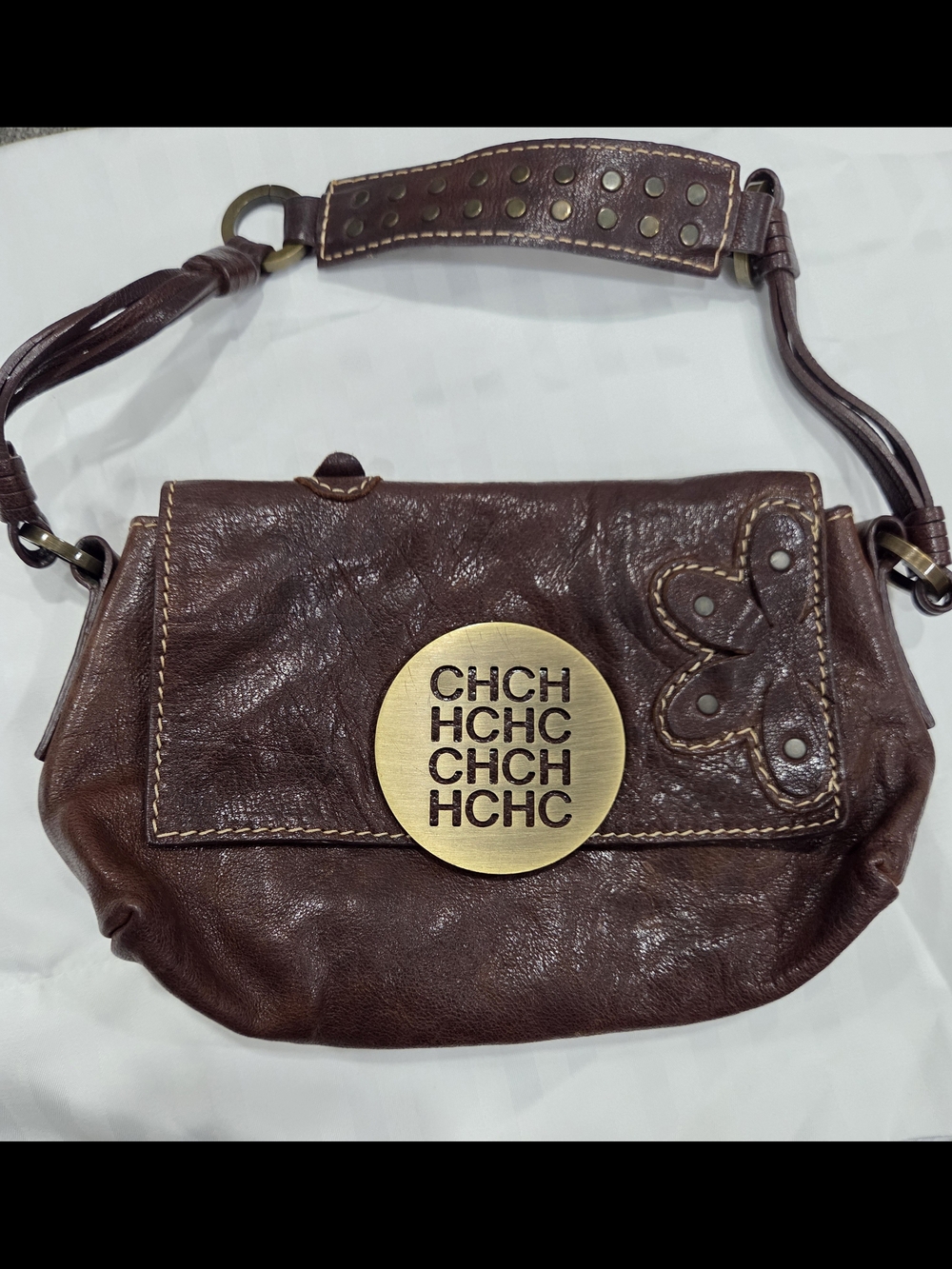 Carolina Herrera Handbag Dark Brown Leather Shoulder Bag with Brass Accent